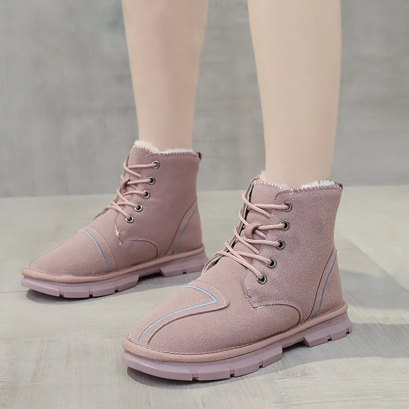 

Pink Snow Boots Female Women Shoes Lacing Flat Boots Woman Plush Warm Winter Ankle Boots For Women Fashion Ladies Platform Shoes