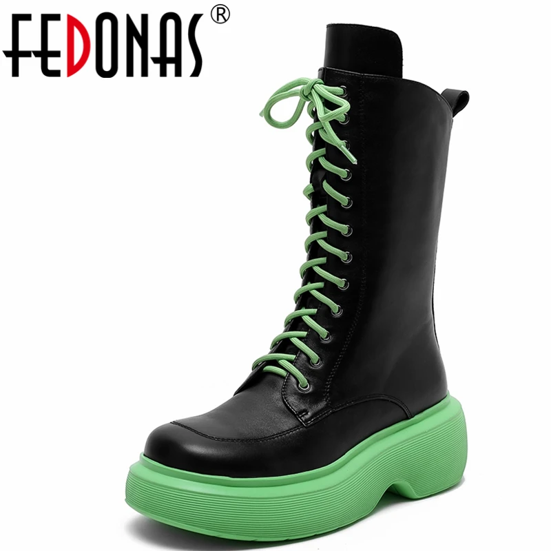 

FEDONAS Fashion Casual Women Mid-Calf Boots Platforms Thick Heels Cross-Tied Zipper Motorcycle Boots Autumn Winter Shoes Woman
