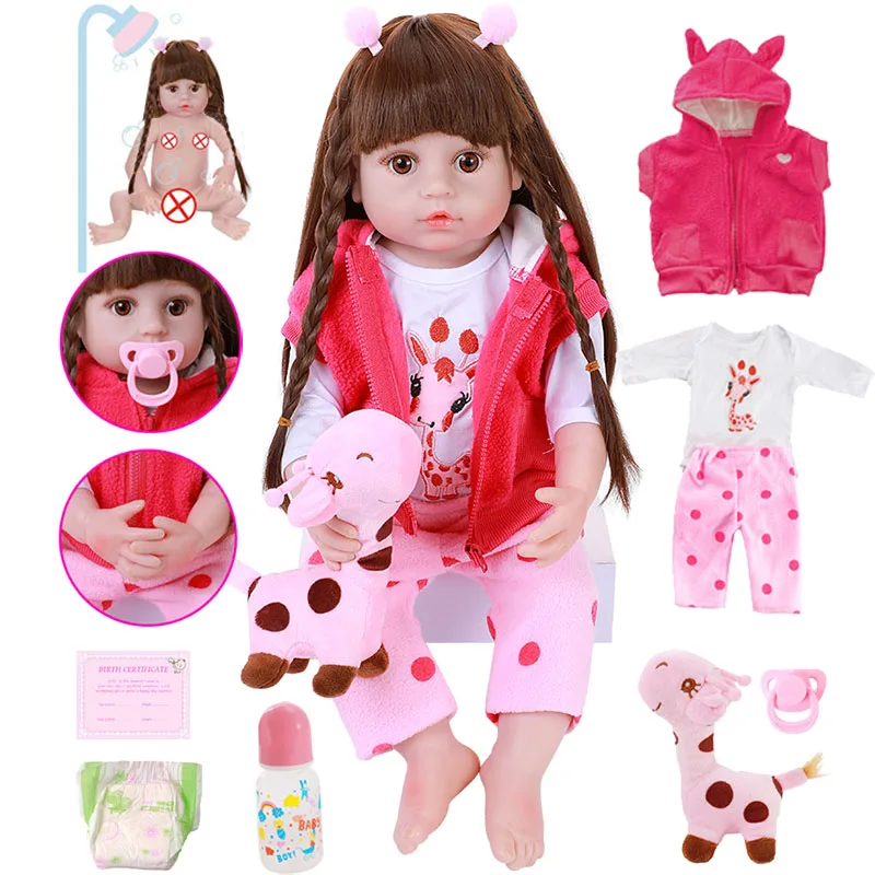 

56cm Soft Full Silicone Body Reborn Baby Doll Toys Vinyl Princess Toddler Babies Girl With Giraffe Boneca Realistic Alive Bebe