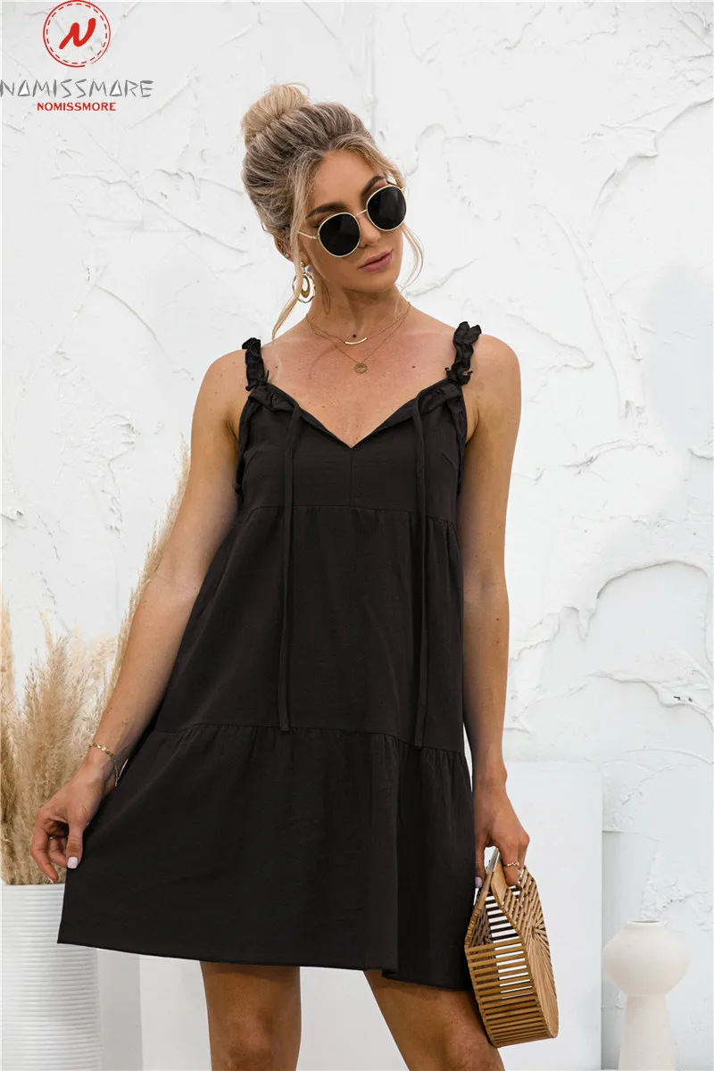 

Fashion Women Summer Solid Color A-Line Dress Hollow Out Design Ruffles Decor Sling Sleevelss Backless V-Neck Slim Mini Dress