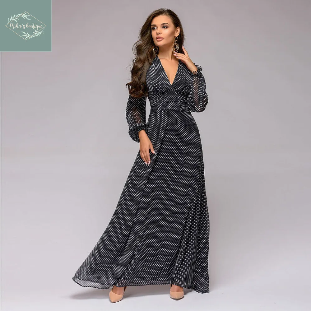 

2021 Autumn French Elegant Long Sleeves Maxi Dress Chiffon Black & White Dots Feminine Vintage High Waist Look Slim Fairy Lady