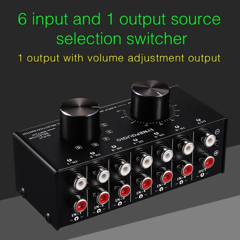 6 Input 1 Output Switcher Audio Source Selection Switcher RCA Audio Input Signal Selector Switch with Volume Adjustment and Manu images - 6
