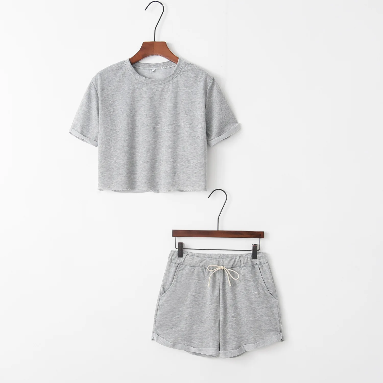 

Solid Color New Fashion Clothes Sets Short Sleeve Crop Tops Lace Up High Waist Bottom Women Casual Cotton Outfits Sets