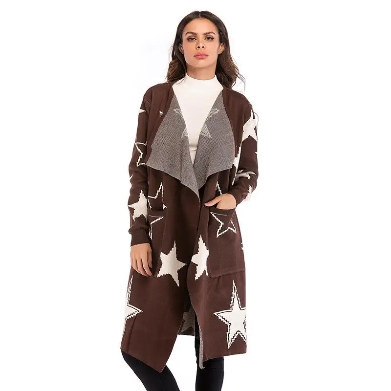 Женский длинный рукав принт со звездами Длинные кардиганы европейский стиль