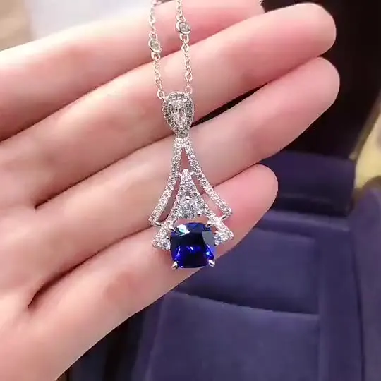 

2021 New S925 Silver Blue Gemstone Pendant 8.8mm Cushion Shaped Ice Flower Cut Exotic Female Necklace