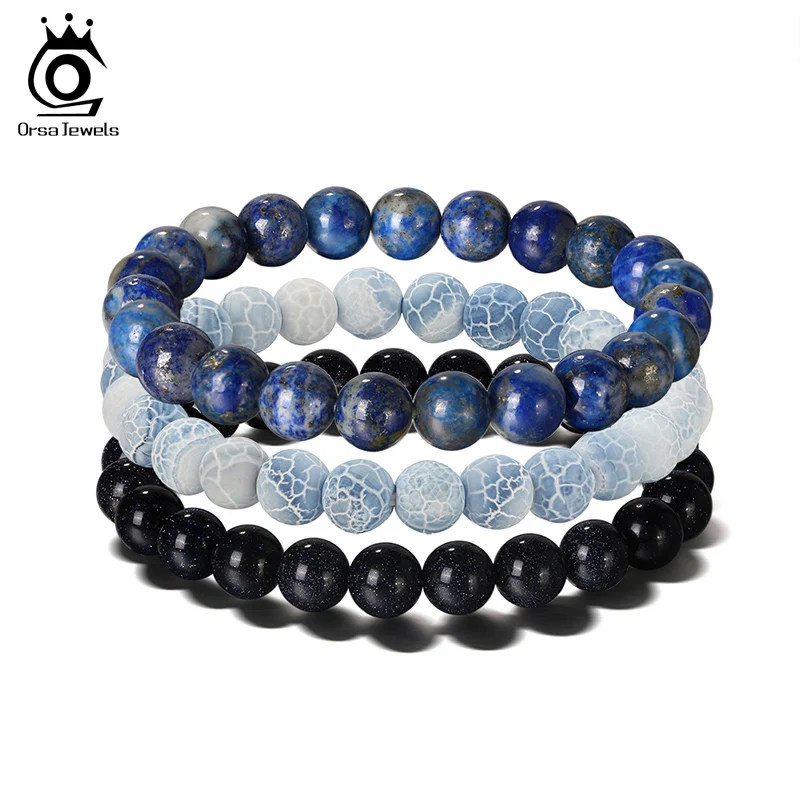 

ORSA JEWELS 3Pc/set Reiki Lapis Lazuli Bracelet for Women Men Natural Stone Bracelet Weathered Agate Blue Sandstone 8mm GMB39