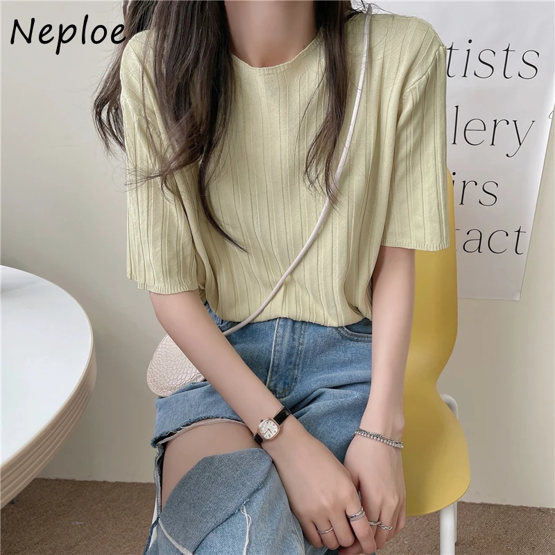 Neploe корейский пуловер с круглым вырезом Вязаная футболка коротким рукавом