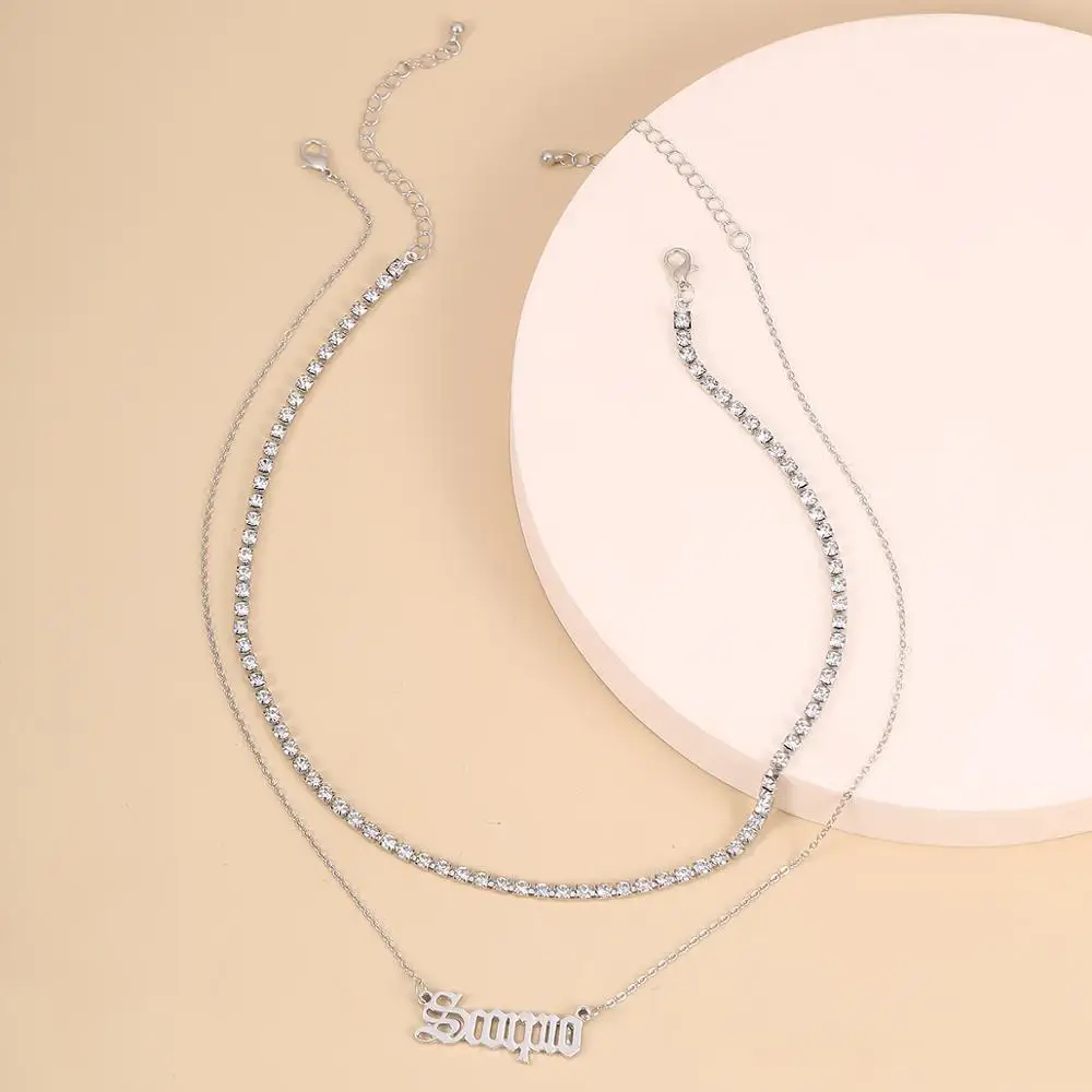 

SHIXIN Shining Crystal Short Choker Colar With Letter Pendant Necklace for Women Layered Rhinestone Necklaces Chain Neck Jewelry