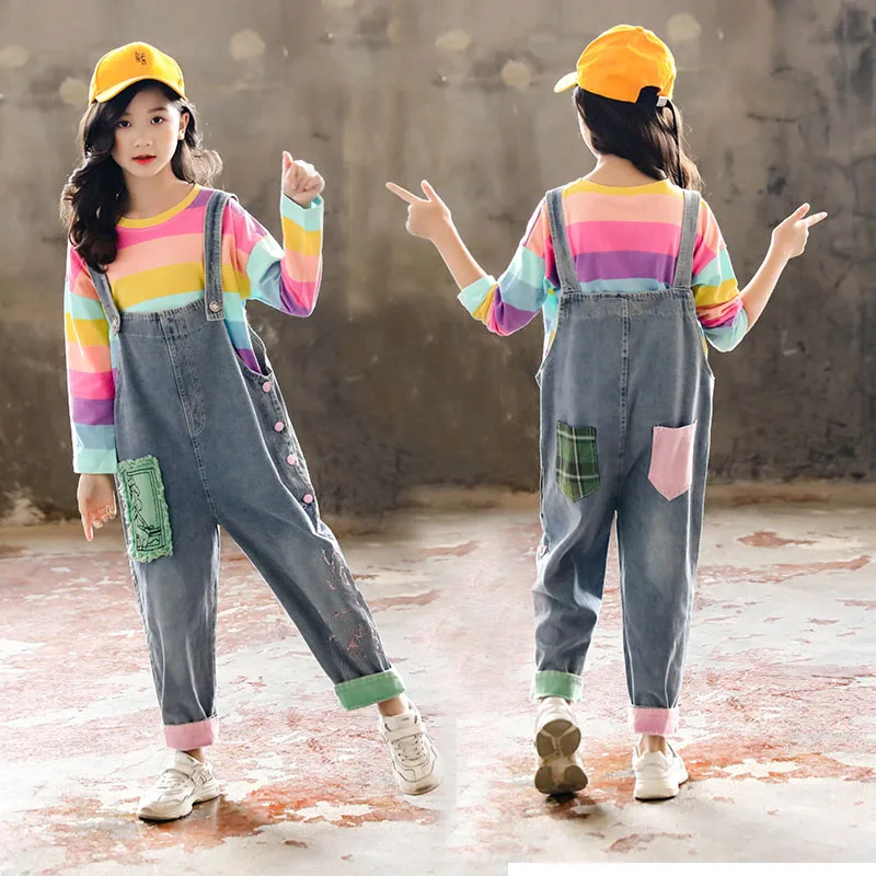 Комплект одежды для девочек Осенняя футболка с радугой подростков Джинсовые