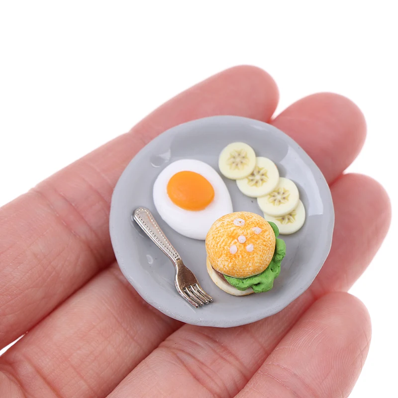 

1:12 Scale Hamburger Egg Dish with Tray Miniature Breakfast Set Dollhouse Kitchen Food Accessories