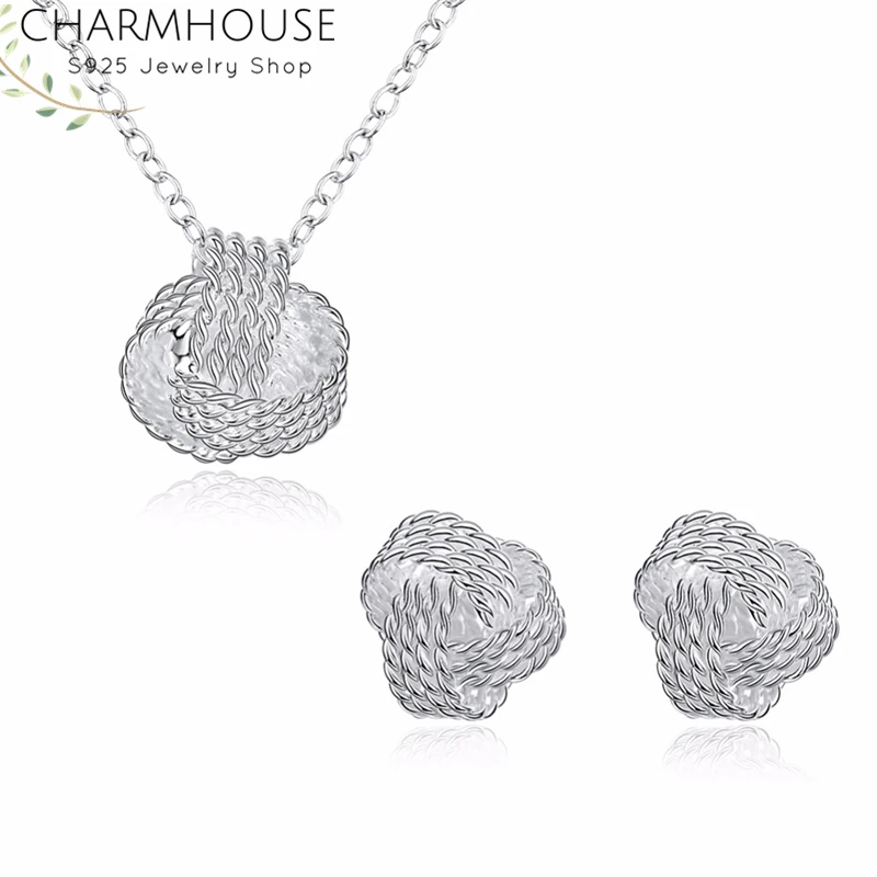 Charmhouse Серебро 925 комплекты украшений для женщин сетчатый шар кулон ожерелье+ серьги 2 шт костюм комплект ювелирных изделий Аксессуары Bijoux