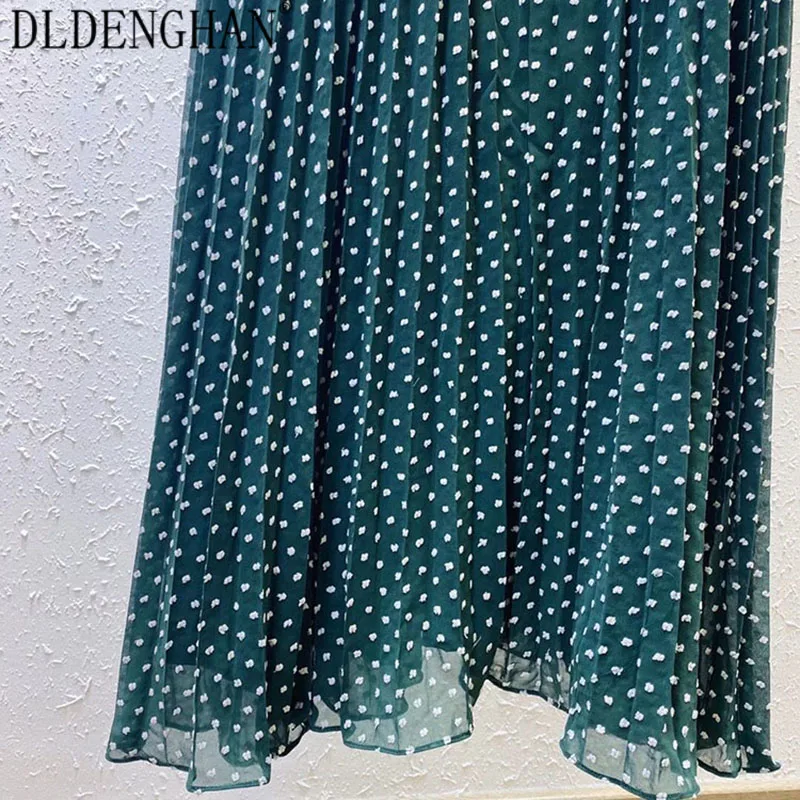 

DLDENGHAN Fashion Dot Embroidery Dress Long Sleeve Asymmetrical Collar Pleated Party Dresses Designer Spring New
