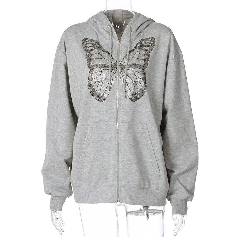 

Winter Style Fashion T-Shirt 2020 Sexy Fashion Long Sleeve Zipper Print Butterfly Hoodies High Street Women T-Shirt