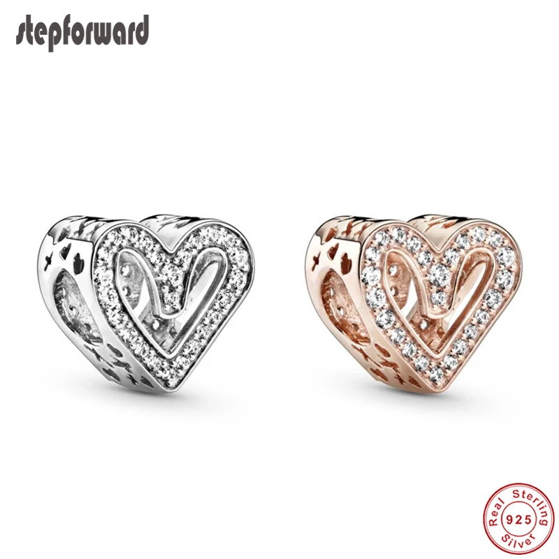 

2020 New 925 Sterling Silver Charm Fit Bracelet CZ Paved Heart Beads For Jewelry Making Luxury Hollow Out Charms Best Gift