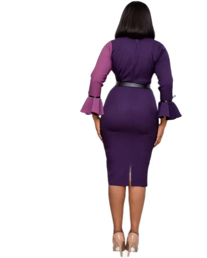 Женское платье с v образным вырезом в стиле пэчворк длинным Расклешенным рукавом