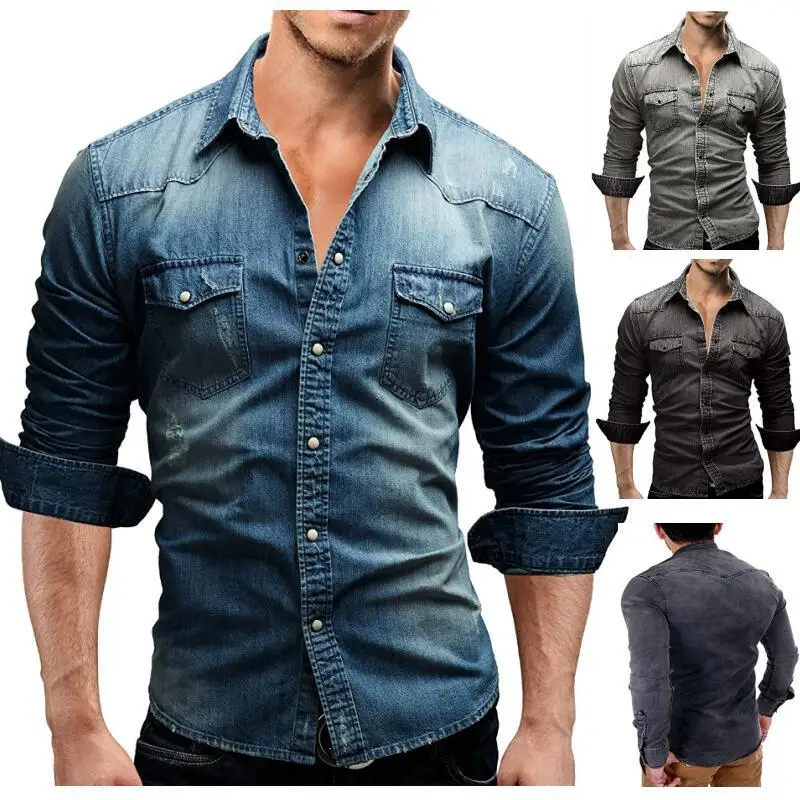 Spring wear four seasons European and American men's double pocket men's casual long-sleeved denim shirt