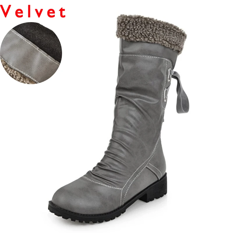 grey velvet Haoshen& Girl/ботинки до середины икры из PU искусственной кожи с меховой подкладкой зимняя обувь женская повседневная обувь на плоской подошве зимние ботинки обувь на шнуровке Размер 10,5, 34-43 - Цвет: grey velvet