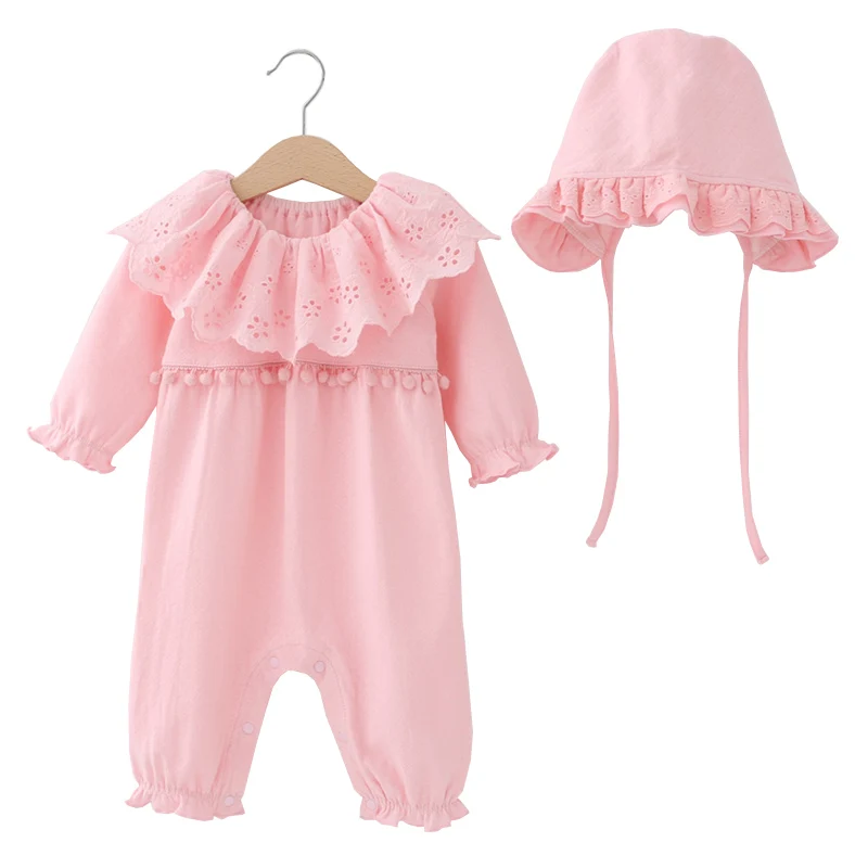 1 шт. детский хлопковый трикотажный комбинезон с шапочкой и кружевным