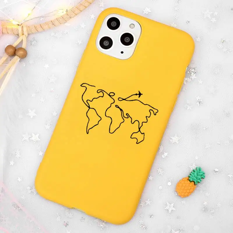 

World map travl airplane pattern Phone Case Candy Color Yellow for iPhone 11 12 pro XS MAX 8 7 6 6S Plus X 5S SE 2020 XR