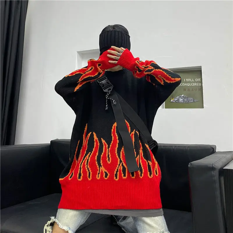 

2021 sweater female hip-hop style flame jacquard women sweater couple pullover knit top loose men sweater high quality Fashion