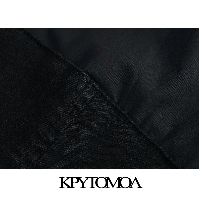 

KPYTOMOA Women 2021 Fashion With Bow Tie Patchwork Denim Cropped Blouses Vintage Long Sleeve Button-up Female Shirts Chic Tops