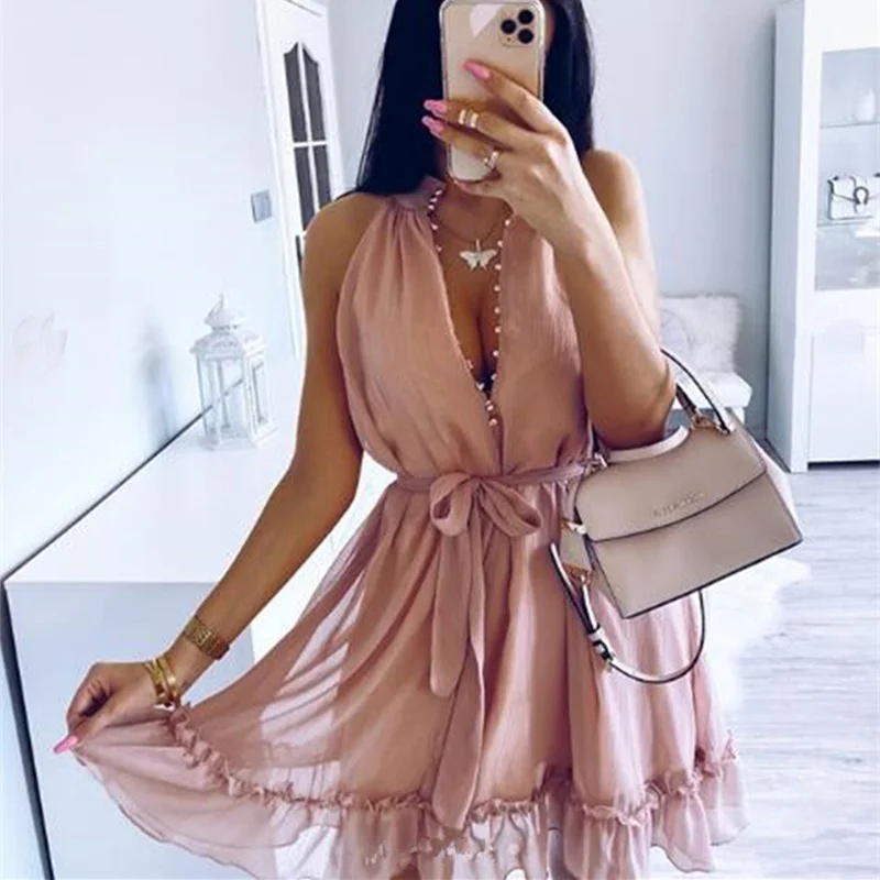 Женское летнее черное шифоновое платье с поясом галстук высокий ворот пуговица