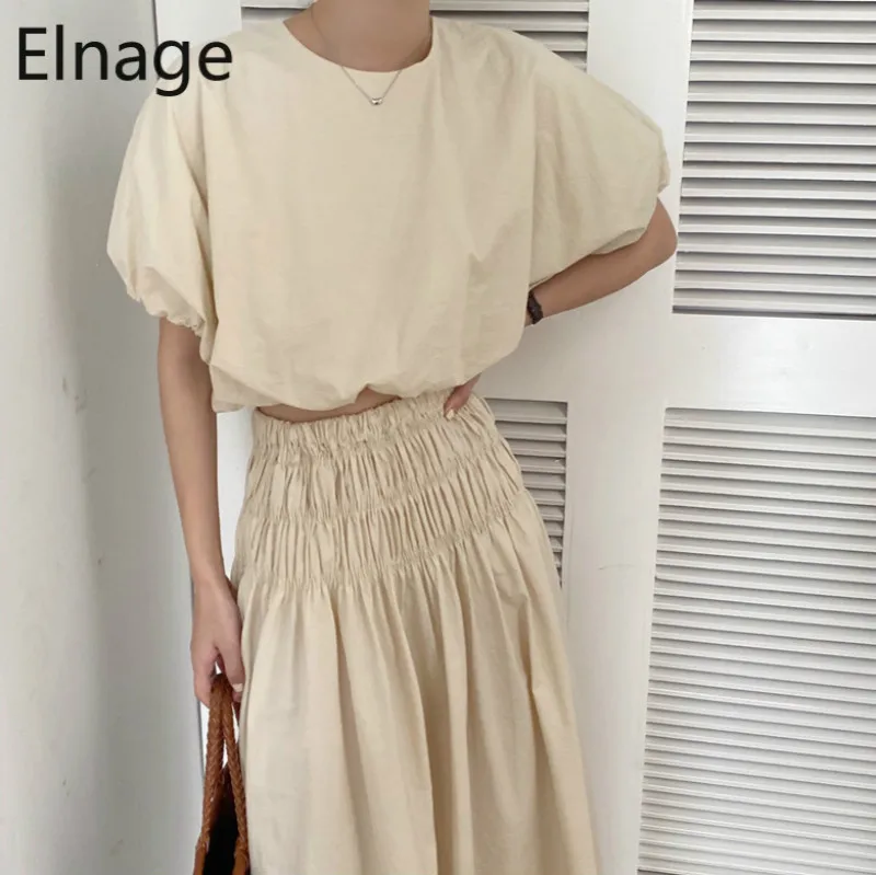 Женская блузка с круглым вырезом и Юбка-миди голубая коротким рукавом Модный