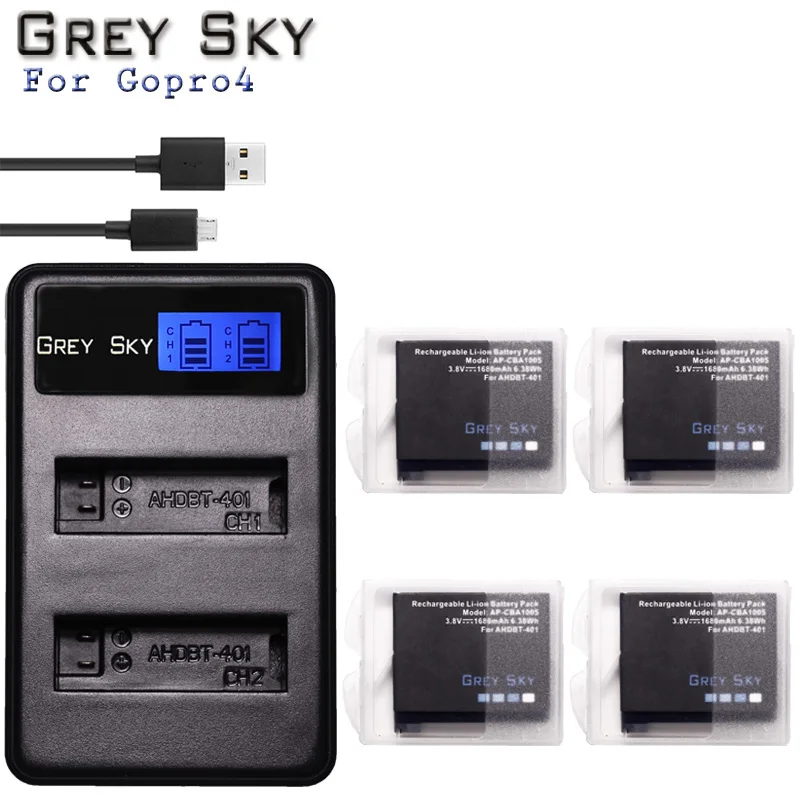 Charger and 4battery Для GoPro Hero4 Hero 4 батарея+ ЖК двойное зарядное устройство для go pro AHDBT-401 HERO4 черный серебряный Аксессуары для экшн-камеры - Цвет: Charger and 4battery