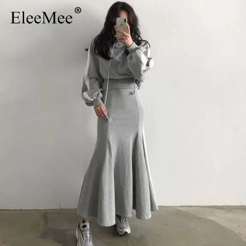 

Комплект из двух предметов EleeMee, толстовка с капюшоном и юбка, повседневный осенний модный тонкий сексуальный элегантный лаконичный женски...
