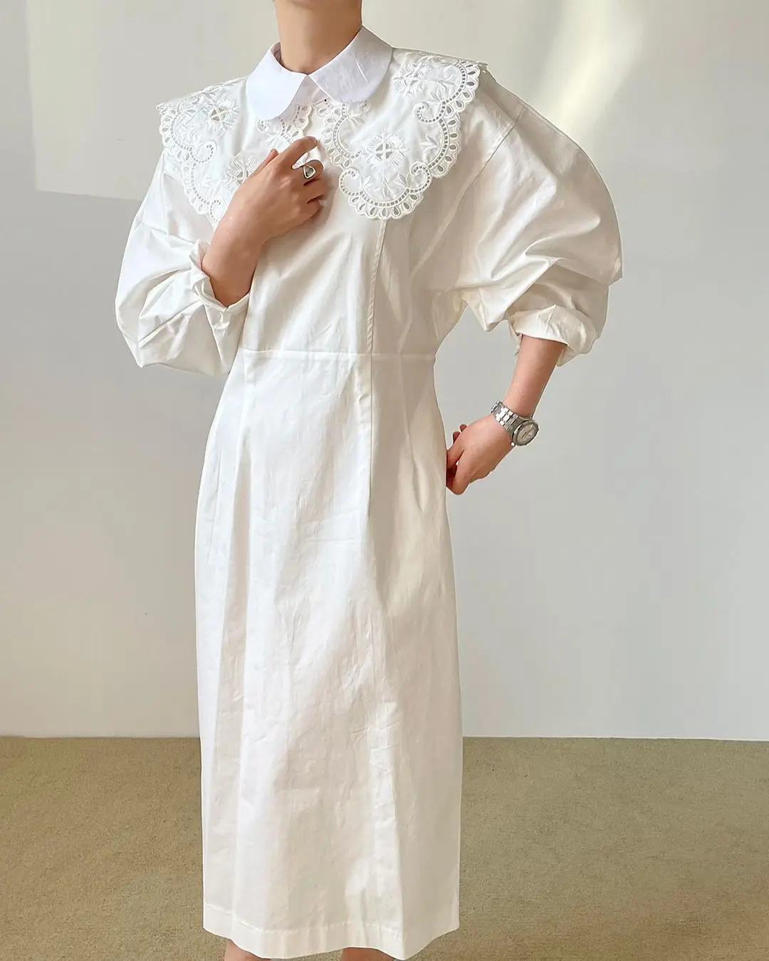 

Korean Chic Early Spring French Style Vintage Court Style Loose Youthful-Looking Lantern Sleeve Slimming Mid-Length Solid Color
