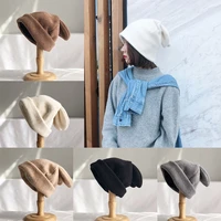 2021 new fashion draping rabbit ears hats for women fur winter hats knitted beanie cap korean solid color female warm balaclava