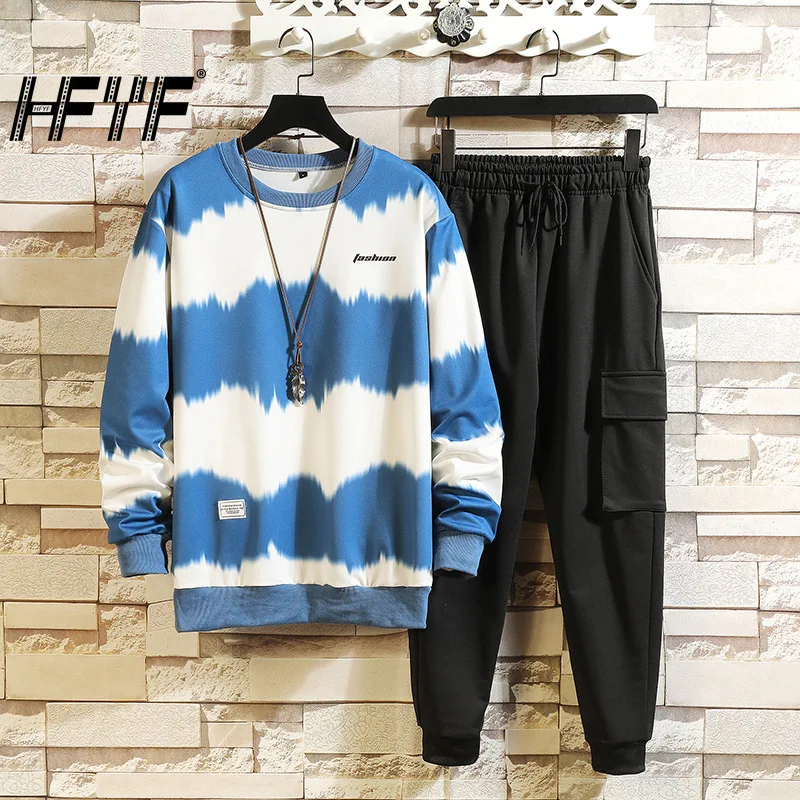 

HFYF 2021 autumn Large size men's suit two-color tie-dye long-sleeved sweater + solid color pants casual two-piece suit