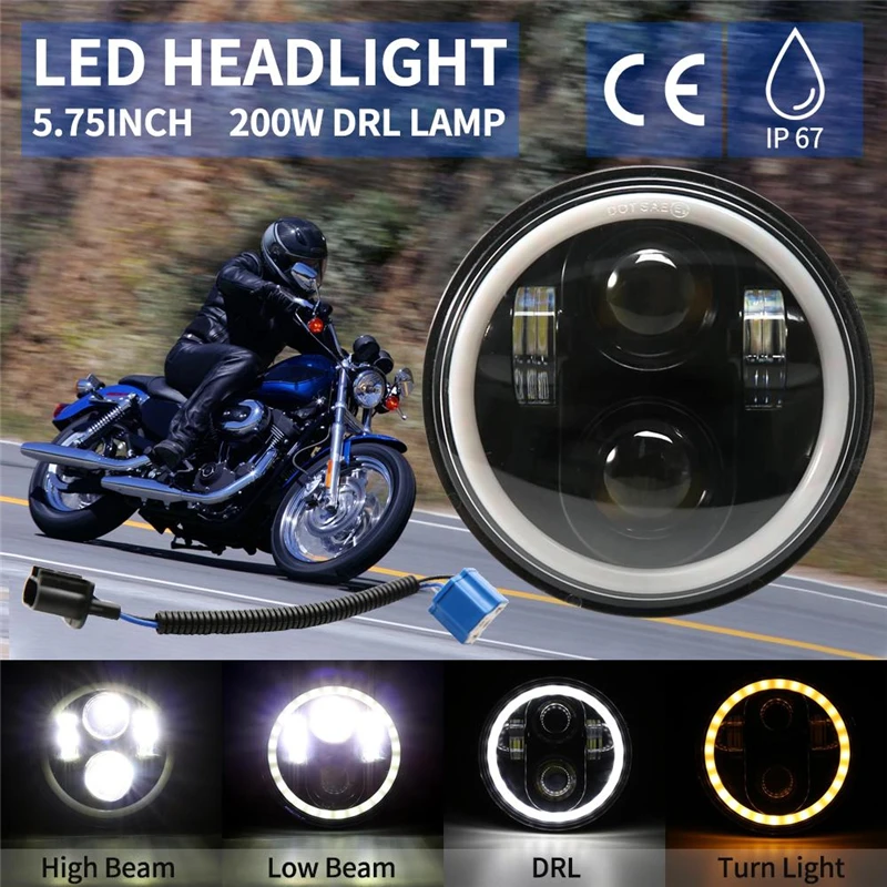 

5.75'' H4 Motorcycle LED Headlight w/ Halo Ring White DRL Angel eyes For Harley Davidson/Dyna/Sportster/Heritage Springer/Deuce