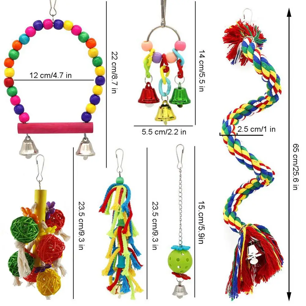 

6Pcs Cockatiel Parrot Finch Birds Wooden Swing Chewing Hanging Bell String Toys Colored Bird Entertainment Educational Toys