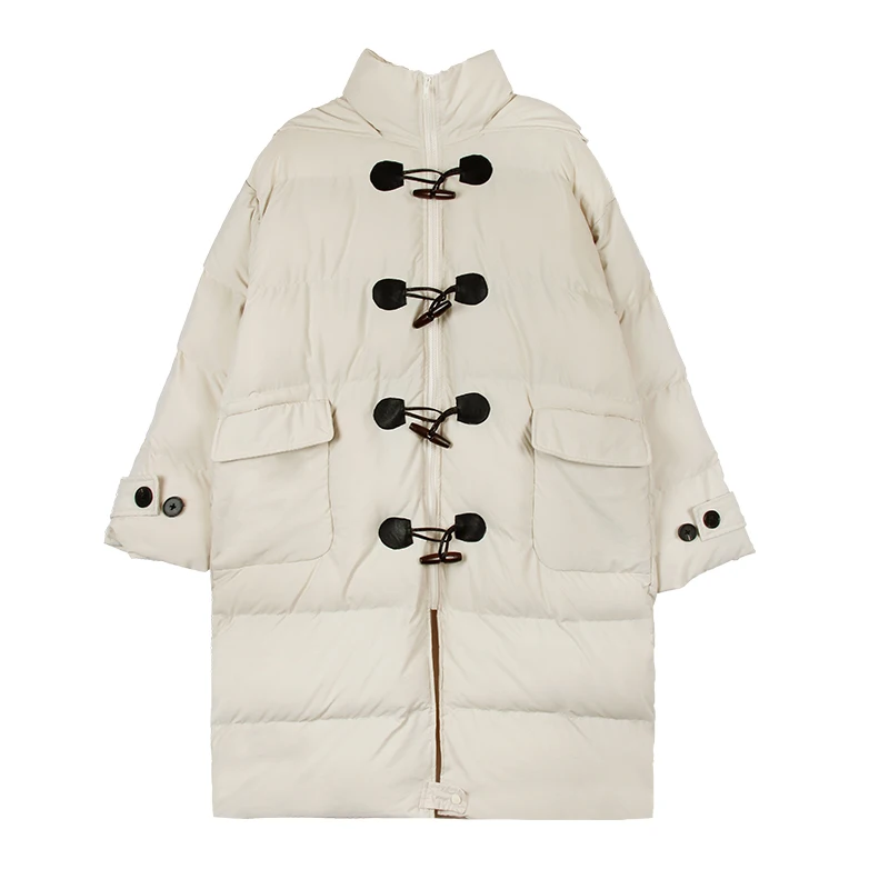 

Casual OX Horn Button Thick Warm Winter Coat For Women Baggy Pocket Vintage Oversized Long Down Bread Cotton-Padded Jacket Lady