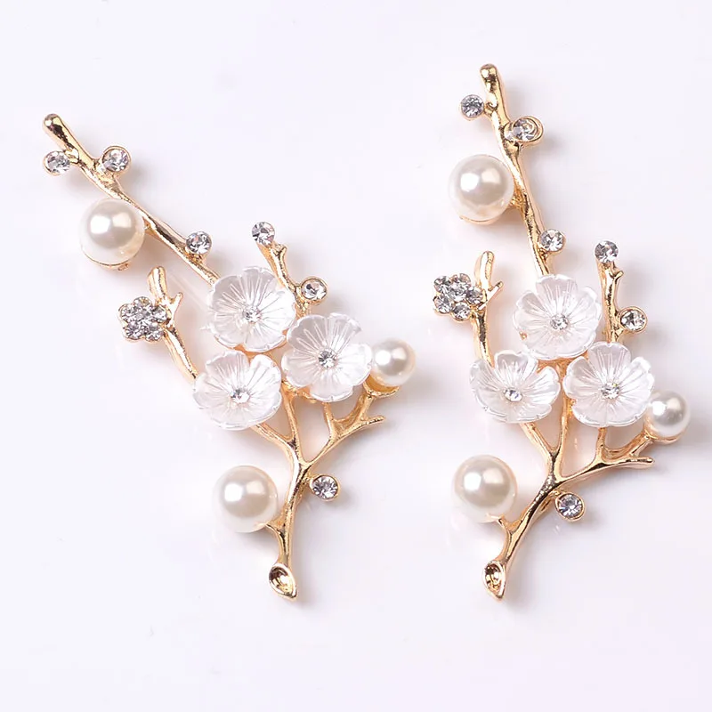 

2 Pcs/Lot Alloy Creative Gold Pearls Pendant Buttons Plum Blossom Branch Tree Pole Flower Diamond Jewelry Diy Hair Accessories