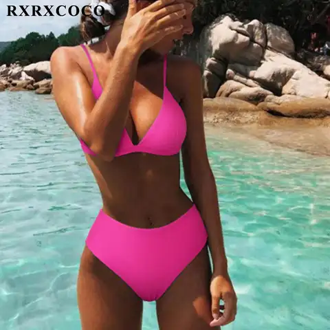 RXRXCOCO High Waist Swimwear Women Push Up Beachwear Solid Bathing Suit Sexy Animal Leopard Female Swimsuit Women Bikini 2022