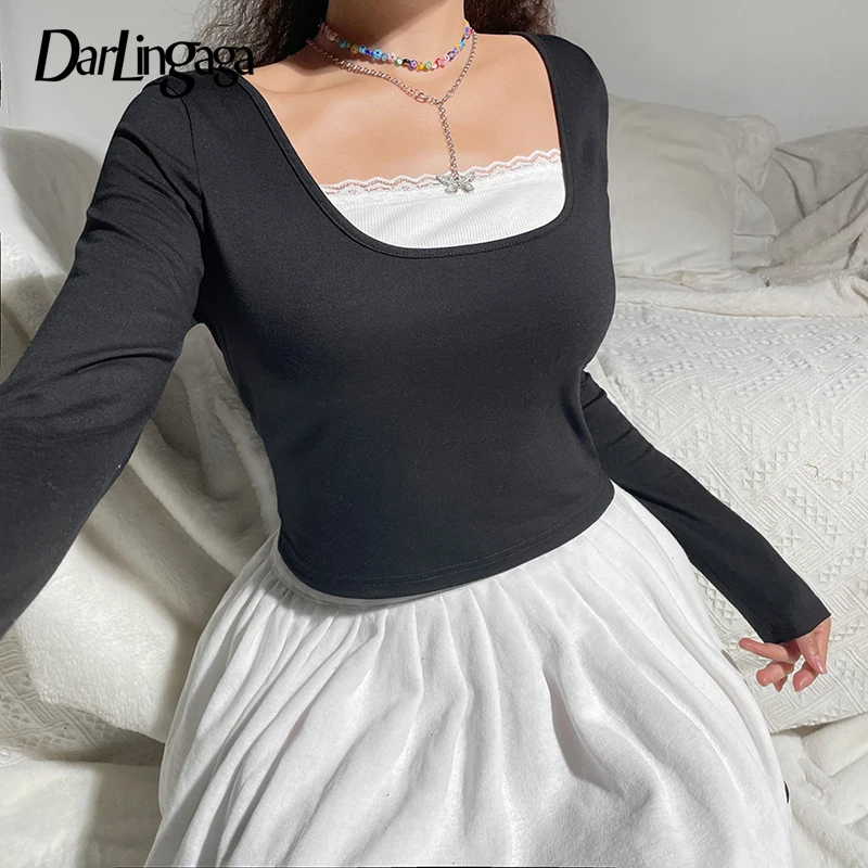 

Darlingaga Casual Lace Patchwork Basic Bodycon T-shirts for Women Long Sleeve Korean Crop Top Tee Slim Preppy Cute Shirt Clothes