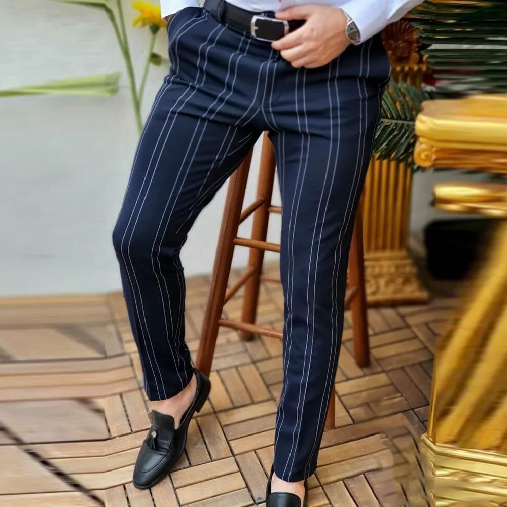 

Men's Slim Fit Stripe Business Formal Pants Plaid Printed Pencil Pants For Mens Vintage Mid Waist Button Trouser Male