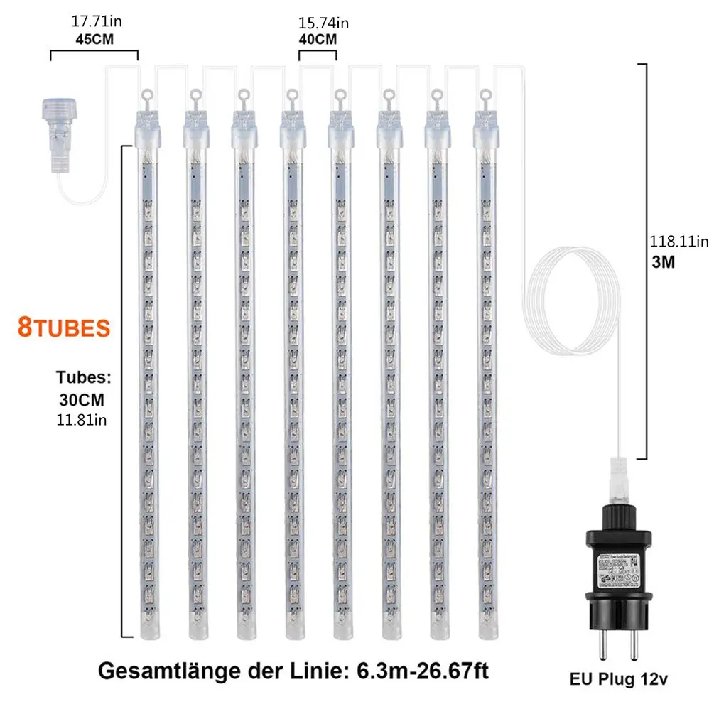 

30cm 8 Tube EU Plug LED String Lights Meteor Shower Lamps Waterproof Garden Wedding Holiday Outdoor Lighting Decoration New Year