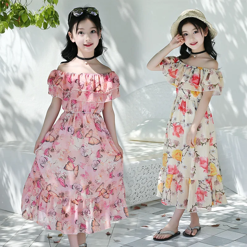 

4 6 8 12 Yrs Teen Girls Casual Dress 2020 Summer Girls Floral Off Shoulder Sweet Bohemian Dress Children's Beach Sun Long Dress