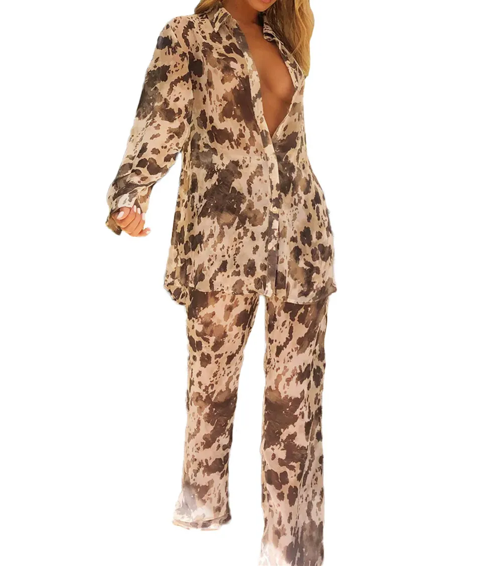 

2021 Ins Internet Celebrity Famous two pieces Women Set Serpentine Blouse and Straight Pants Summer Outfits