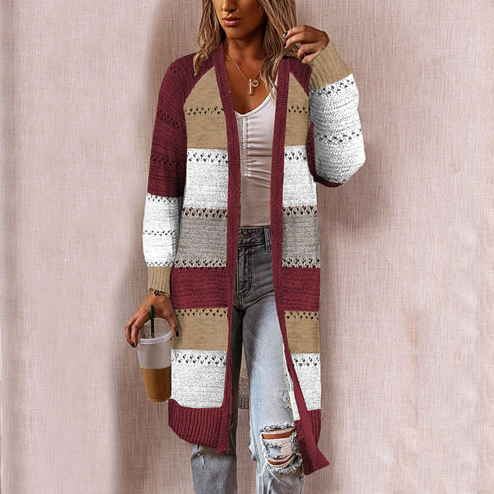 

Autumn Stitching Cardigan Women 2021 fashion Striped Patchwork Long Sleeve Casual Sweater Female Long Cardigan Comfy Stylish