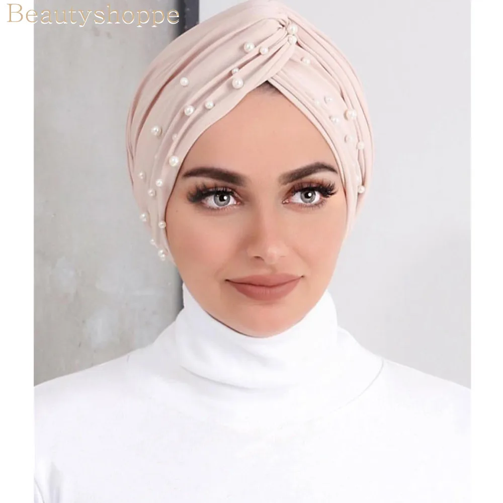 Muslim Women Cross Polyester Pearl Bead Turban Hat Cancer Chemo Beanies Cap Headwear Headwrap Plated for Hair Loss Accessories