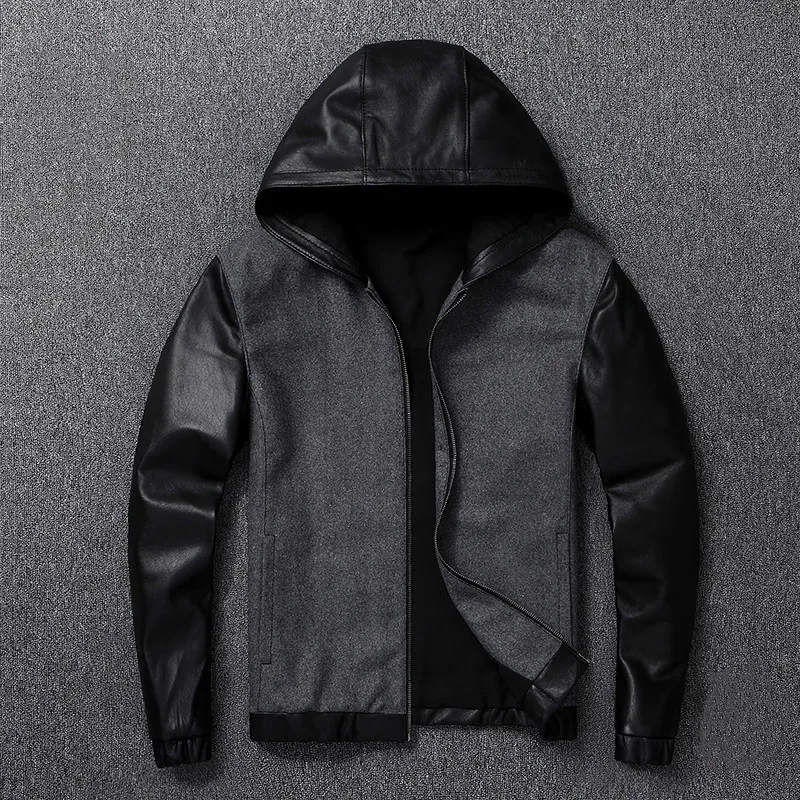 Мужская куртка из 100% натуральной овечьей кожи простая с капюшоном шерстяное