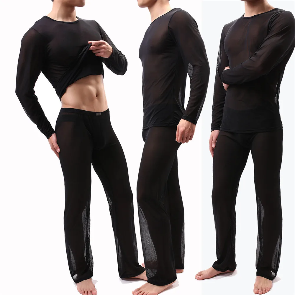

Men's Tracksuit Spring Summer Slim Fits Transparent Suit For Male Sexy Mesh Long Sleeve UnderShirts+Pant Man Soft Casual Clothes