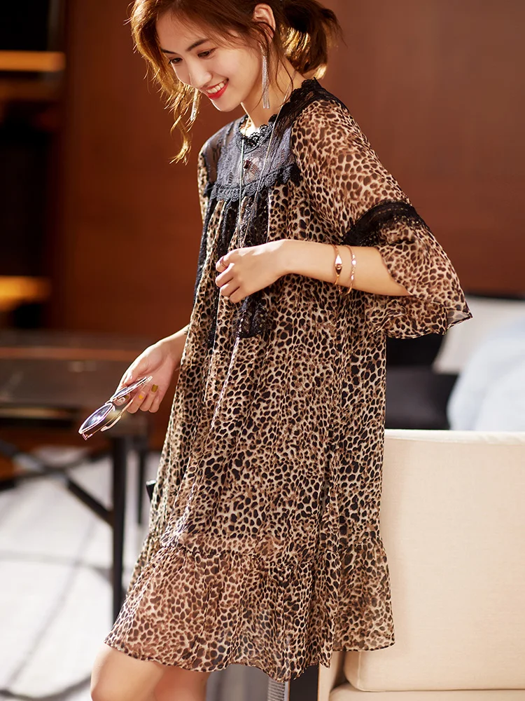 2020 summer fake two-piece lace stitching loose leopard print chiffon mid-length dress round neck temperament | Женская одежда