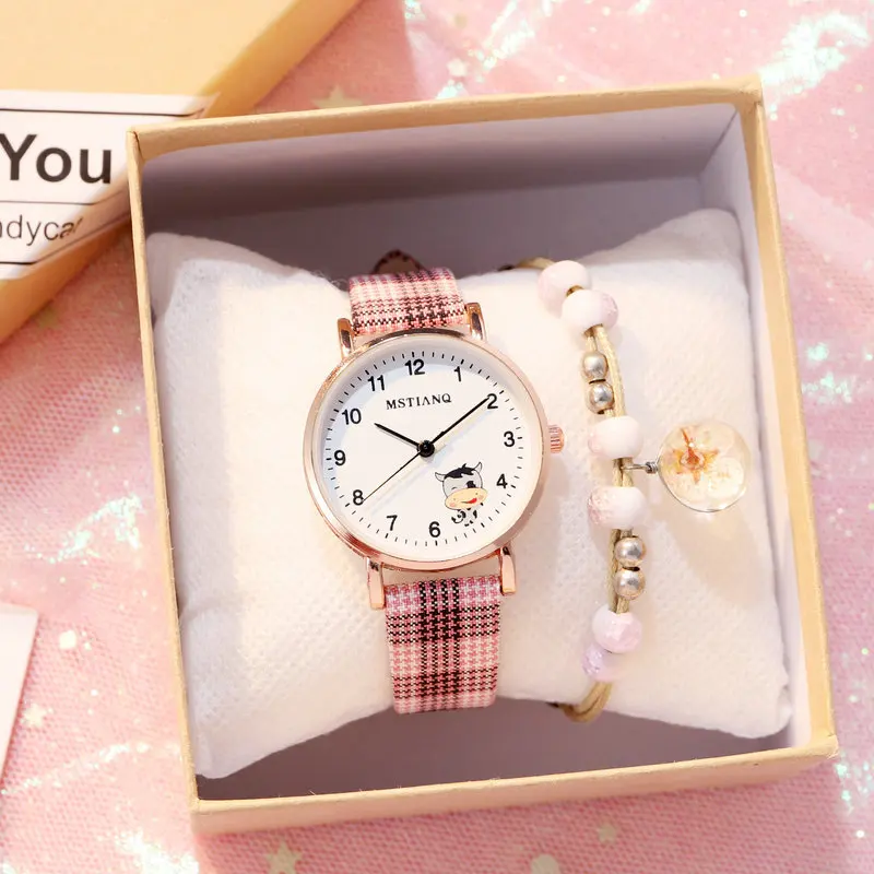 

Ladies student fashion cartoon Plaid Watch Strap Ladies Watch