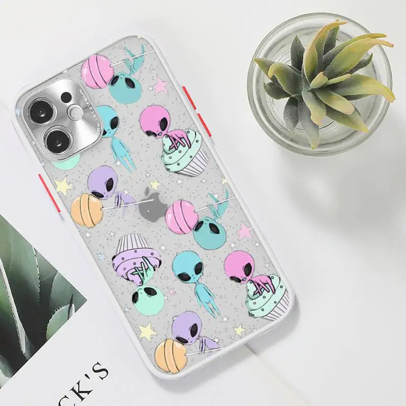 

Aesthetics Cute Cartoon alien space Phone Case For iPhone 12 11 Mini Pro XR XS Max 7 8 Plus X Matte transparent White Cover