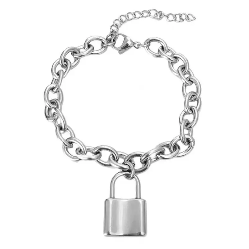 

Punk Stainelss Steel Lock Pendant Bracelet Wristband Chunky Link Chain Bangles 45BC